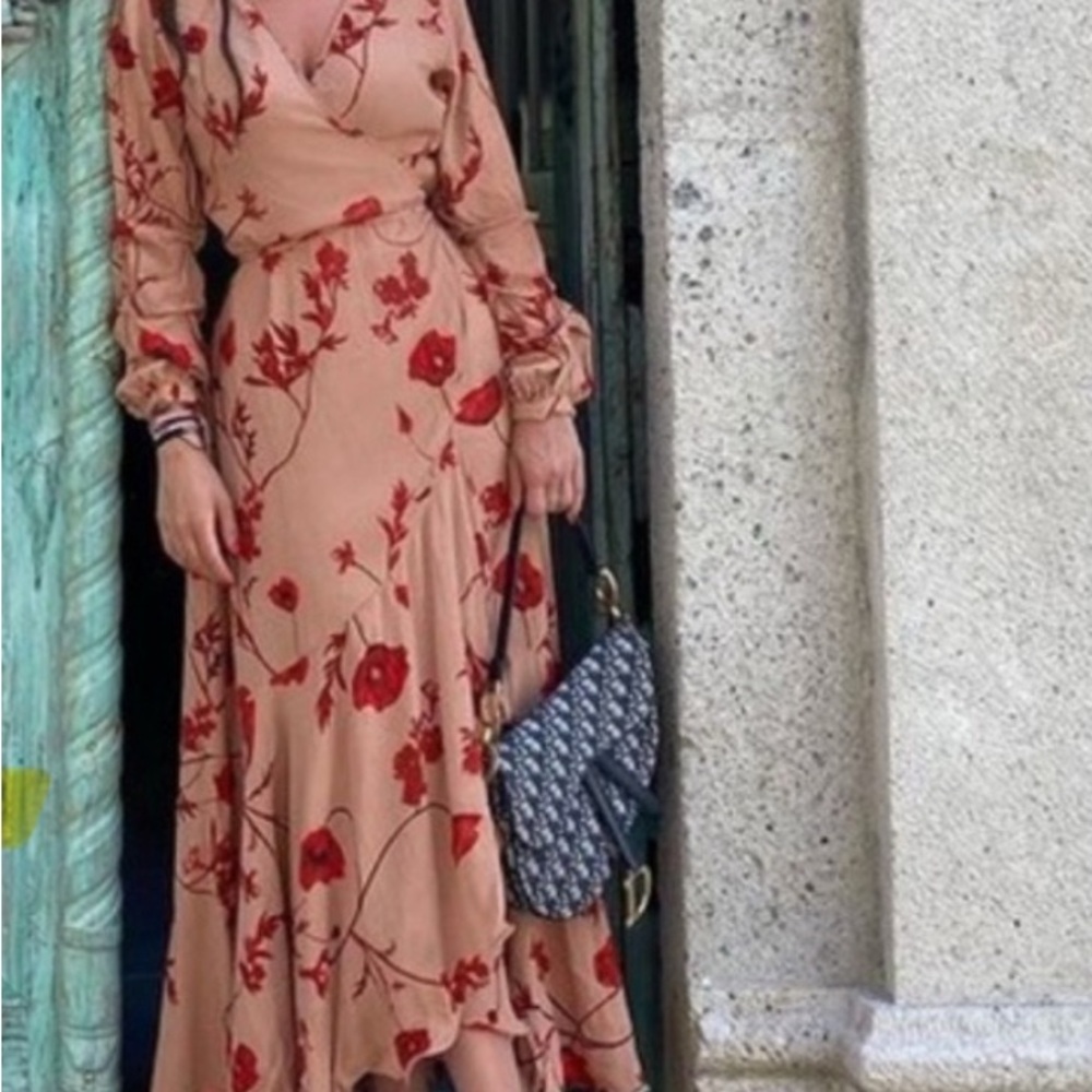 Johanna Ortiz Red and Tan Floral Long Sleeve Dress